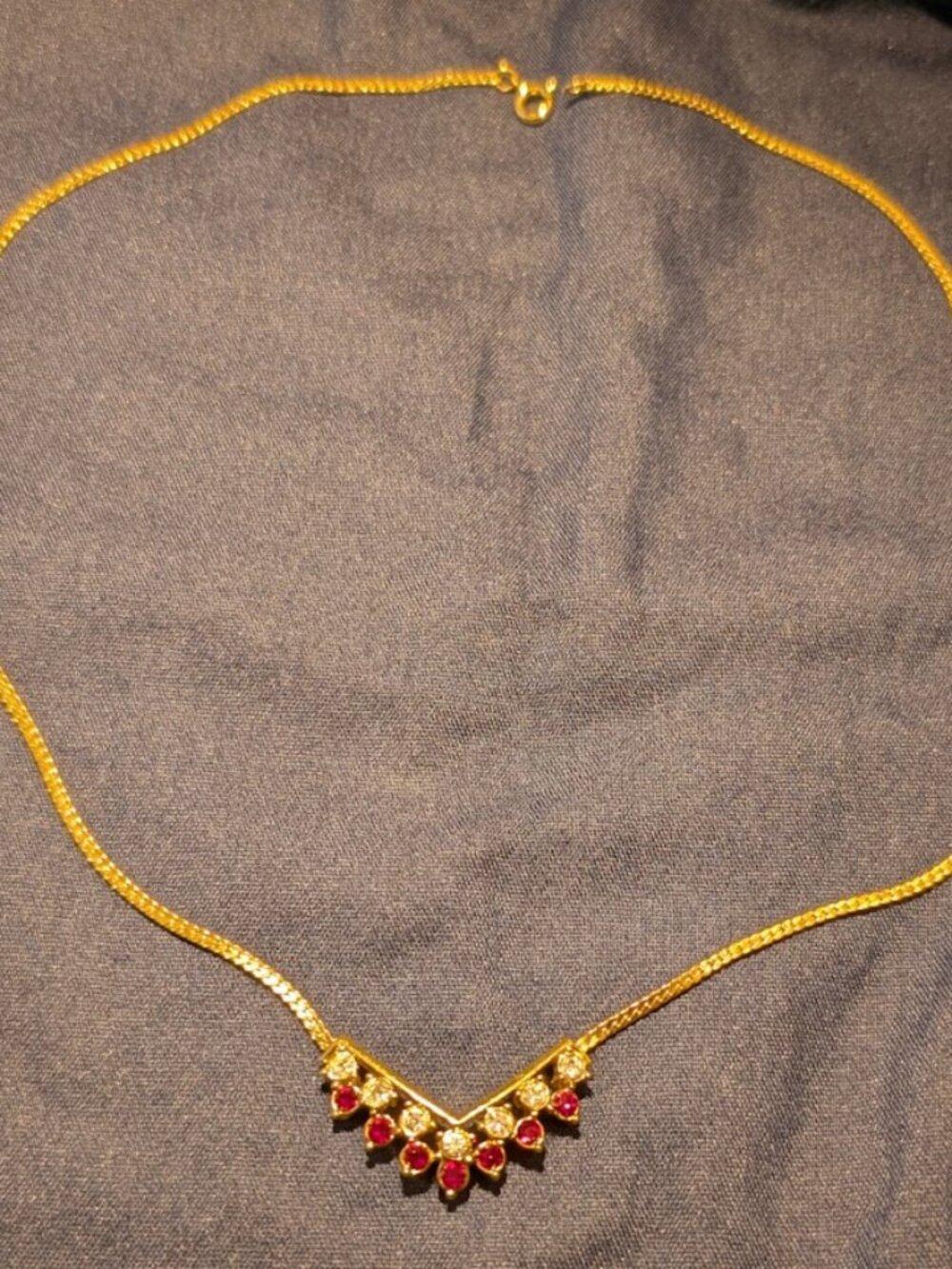 Vintage Gold Tone Herringbone V-Necklace | Faux Ruby & Rhinestone Chevron